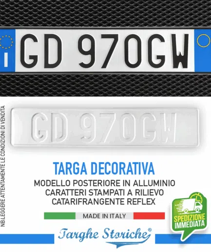 Targa Auto Posteriore Replica in Alluminio Catarifrangente con caratteri in Rilievo Punzonati