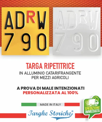 Targa Ripetitrice Agricola Quadrata in Alluminio Catarifrangente, con Caratteri in Rilievo Punzonati