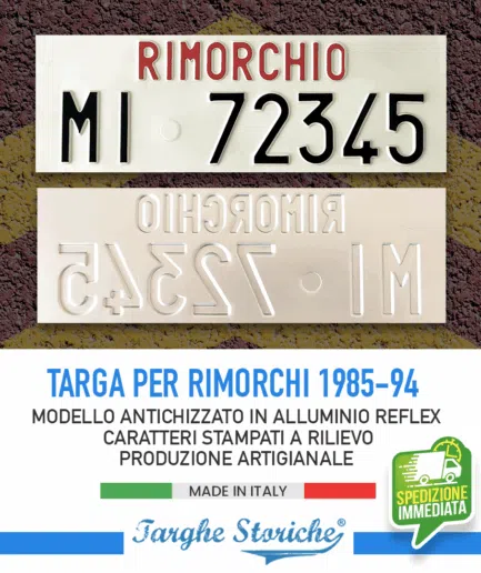 Targa Rimorchio Catarifrangente, con Caratteri in Rilievo Punzonati dal 1985 al 1994 con sigla di provincia - Antichizzata