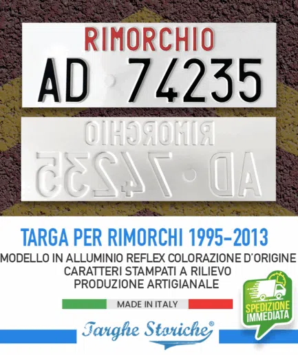 Targa Rimorchio Catarifrangente, con Caratteri in Rilievo Punzonati dal 1995 al 2013 con sigla di provincia