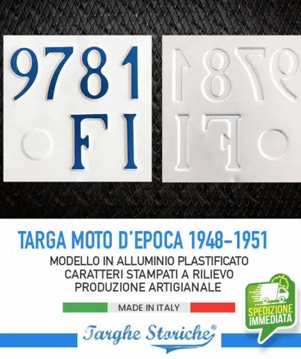Targa Moto Epoca per motoveicoli dal 1948 al 1951 (Predisposizione bollo grande) - Alluminio Plastificato, Colorazione d'Origine