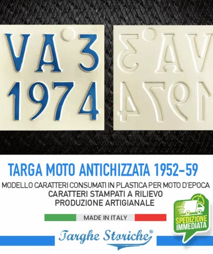 Targa Moto Epoca per motoveicoli dal 1952 al 1959 - Alluminio Plastificato, Antichizzata con numerazione consumata
