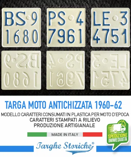 Targa Moto per motoveicoli dal 1960 al 1962 - Alluminio Plastificato, Antichizzata con numerazione consumata