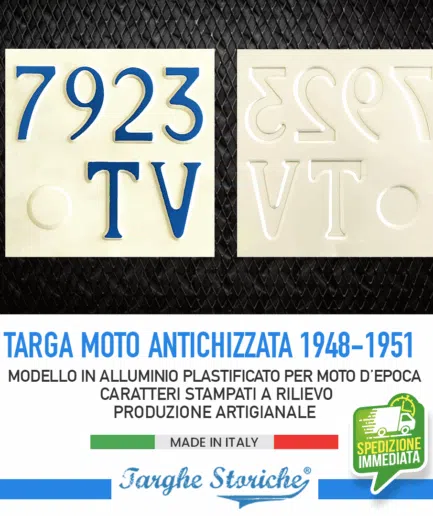 Targa Moto Epoca per motoveicoli dal 1948 al 1951 (Predisposizione bollo grande) - Alluminio Plastificato, Antichizzata