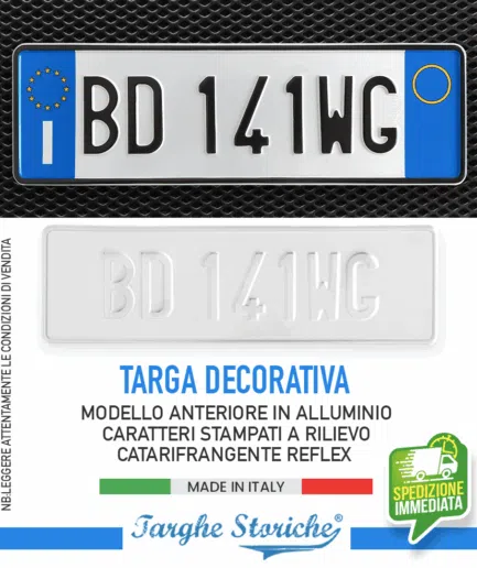 Targa Auto Anteriore Replica in Alluminio Catarifrangente con caratteri in Rilievo Punzonati